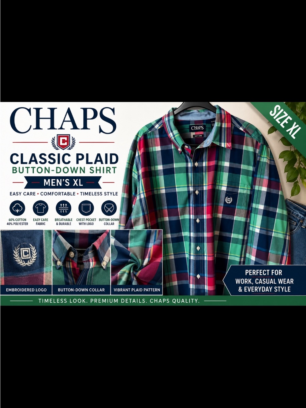 Chaps Classic Plaid Button-Down Shirt in Green, Navy & Red